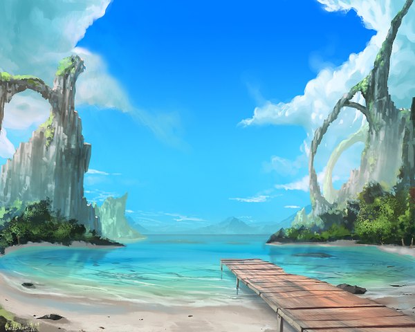 Anime picture 1280x1024 with unidcolor sky cloud (clouds) beach mountain no people landscape rock tree (trees) water sea forest bridge pier