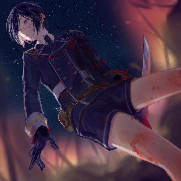 Anime picture 1000x1000 with touken ranbu nitroplus yagen toushirou saharan single short hair black hair smile purple eyes looking away night from below shaded face blood on face bloody clothes military boy gloves uniform weapon