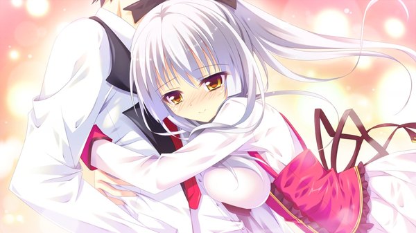 Anime picture 1024x576 with hanayome to maou kuzuryuu tooko long hair blush smile wide image yellow eyes game cg white hair couple hug girl dress boy