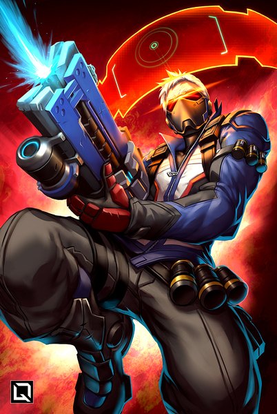 Anime picture 604x900 with overwatch blizzard entertainment soldier: 76 (overwatch) quirkilicious single tall image short hair blonde hair looking away bent knee (knees) white hair glowing red background shot boy weapon glasses gun mask