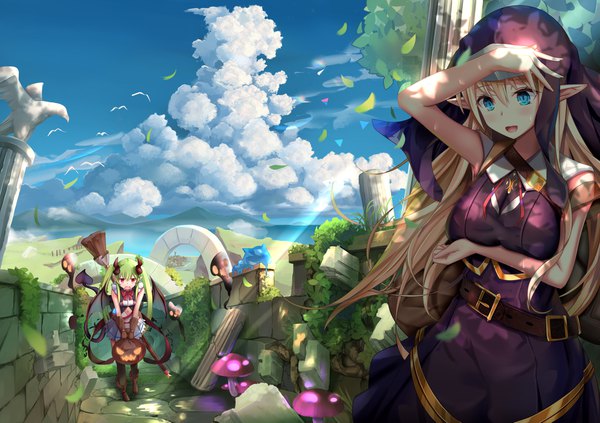 Anime picture 1900x1341 with original nasubi (fian0202) long hair blush fringe highres open mouth blue eyes blonde hair smile hair between eyes red eyes standing twintails multiple girls sky cloud (clouds) outdoors tail :d