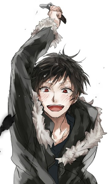 Anime picture 504x832 with durarara!! brains base (studio) orihara izaya urahara single tall image blush short hair open mouth black hair simple background red eyes white background looking down happy boy weapon jacket knife