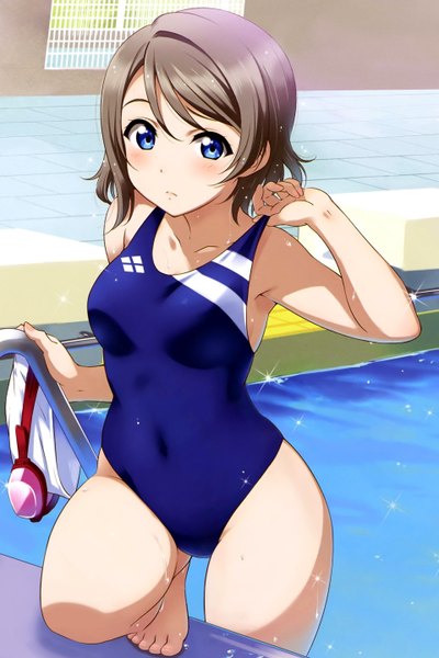 Anime picture 1920x2880 with love live! sunshine!! sunrise (studio) love live! watanabe you inou shin single tall image looking at viewer blush highres short hair breasts blue eyes light erotic brown hair large breasts bent knee (knees) arm up from above sparkle