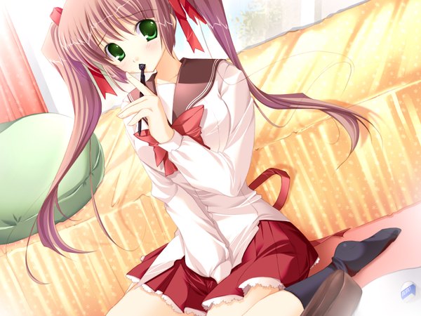 Anime picture 1600x1200 with blush highres twintails green eyes skirt uniform ribbon (ribbons) hair ribbon school uniform socks bed eraser mechanical pencil
