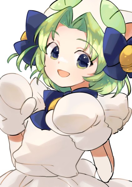 Anime picture 2000x2832 with di gi charat madhouse dejiko yumekai tsukaka single tall image looking at viewer highres short hair open mouth simple background white background green eyes upper body :d green hair girl bow hair bow mittens