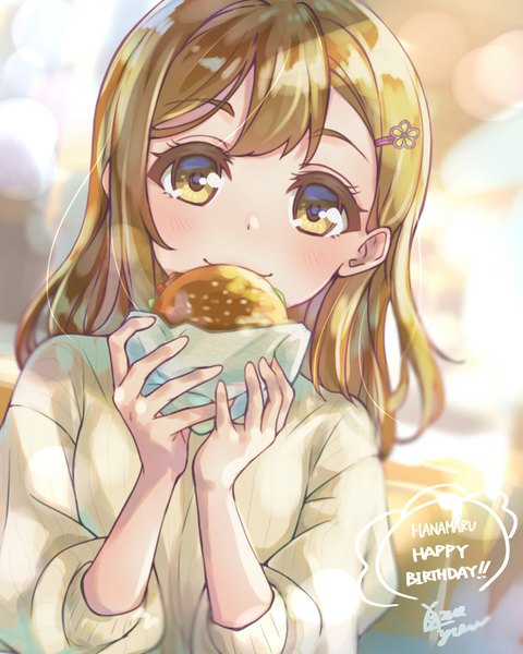 Anime-Bild 1600x2000 mit love live! sunshine!! sunrise (studio) love live! kunikida hanamaru takenoko no you single long hair tall image looking at viewer brown hair holding yellow eyes upper body head tilt character names happy birthday girl hairclip sweater hamburger