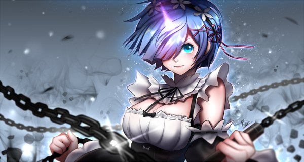 Anime picture 1200x640 with re:zero kara hajimeru isekai seikatsu white fox rem (re:zero) reiz single looking at viewer fringe short hair breasts simple background wide image standing bare shoulders holding blue hair cleavage upper body hair over one eye maid cleavage cutout