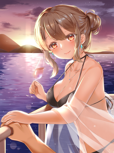 Anime picture 2894x3894 with original tsukimiya sara tall image looking at viewer blush fringe highres short hair breasts light erotic smile hair between eyes brown hair large breasts standing bare shoulders holding payot sky cloud (clouds)