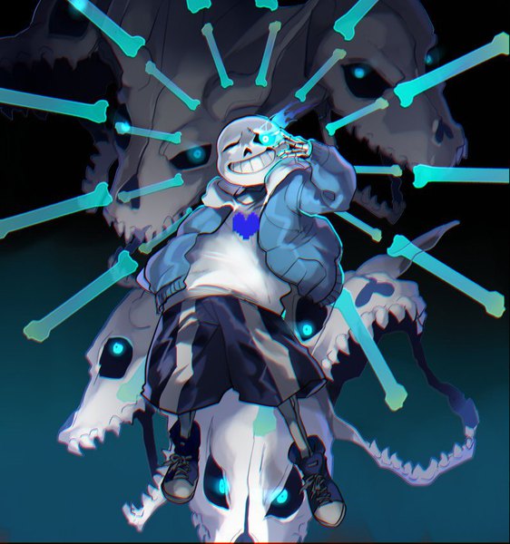 Anime picture 795x849 with undertale sans (undertale) kyouichi single tall image looking at viewer simple background smile one eye closed open jacket teeth glowing dark background glowing eye (eyes) hand in pocket skeleton bone (bones) boy shirt shoes