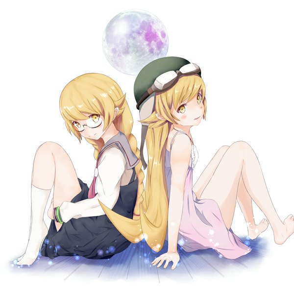 Anime picture 1000x1000 with bakemonogatari shaft (studio) monogatari (series) oshino shinobu peanuts (ennuim) looking at viewer blush blonde hair bare shoulders multiple girls yellow eyes loli dual persona girl dress 2 girls socks glasses white socks sundress