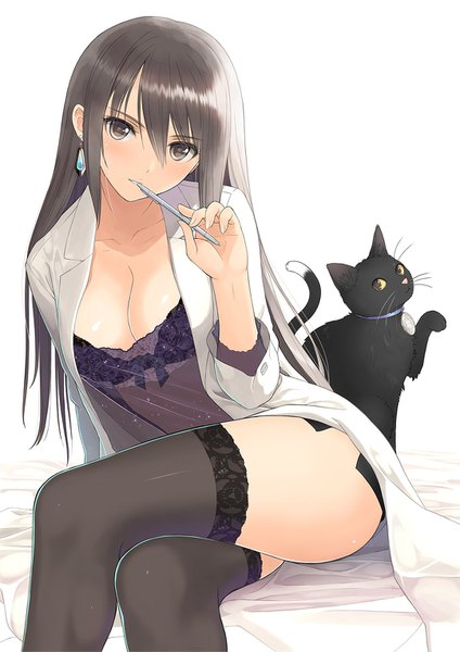 Anime picture 1080x1527 with original tony taka single long hair tall image looking at viewer breasts light erotic black hair cleavage black eyes crossed legs girl thighhighs black thighhighs animal lingerie bra cat labcoat