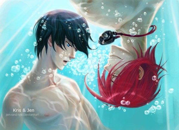 Anime picture 1000x727 with free! kyoto animation matsuoka rin nanase haruka (free!) kris and jen short hair open mouth blue eyes red eyes signed blue hair red hair multiple boys teeth topless underwater upside down sharp teeth boy water