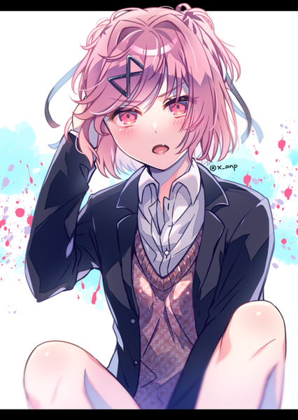 Anime picture 639x900 with doki doki literature club natsuki (doki doki literature club) aicedrop single tall image looking at viewer blush fringe short hair open mouth hair between eyes sitting signed pink hair bent knee (knees) long sleeves pink eyes blurry open clothes :o