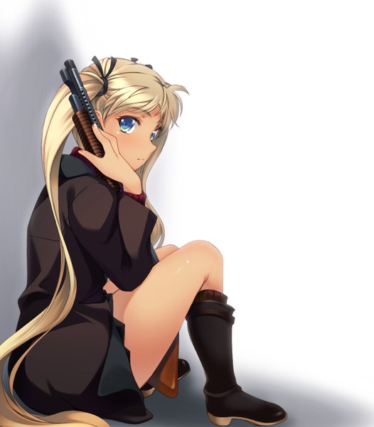 Anime picture 1140x1300 with gunslinger girl madhouse triela tebukuro single tall image looking at viewer blush blue eyes simple background white background sitting twintails holding ahoge bent knee (knees) very long hair grey background shadow gradient background