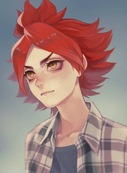 Anime picture 970x1317 with inazuma eleven nagumo haruya fioletovyy single tall image short hair simple background yellow eyes looking away upper body red hair open shirt gradient background symbol-shaped pupils portrait plaid boy shirt checkered shirt