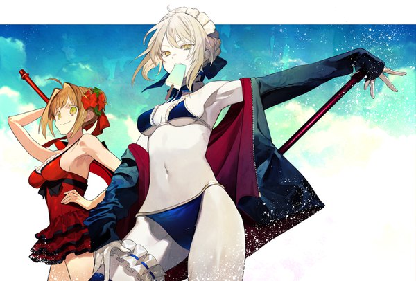 Anime picture 1500x1015 with fate (series) fate/grand order fate/extra artoria pendragon (all) nero claudius (fate) (all) nero claudius (fate) artoria pendragon (alter swimsuit rider) (fate) nosaki tsubasa looking at viewer fringe short hair breasts light erotic blonde hair smile hair between eyes standing bare shoulders multiple girls holding