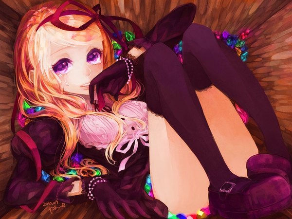 Anime picture 800x600 with original tearra koushi rokushiro single long hair looking at viewer fringe light erotic blonde hair purple eyes holding signed full body parted lips arm up puffy sleeves tears dated reclining crying