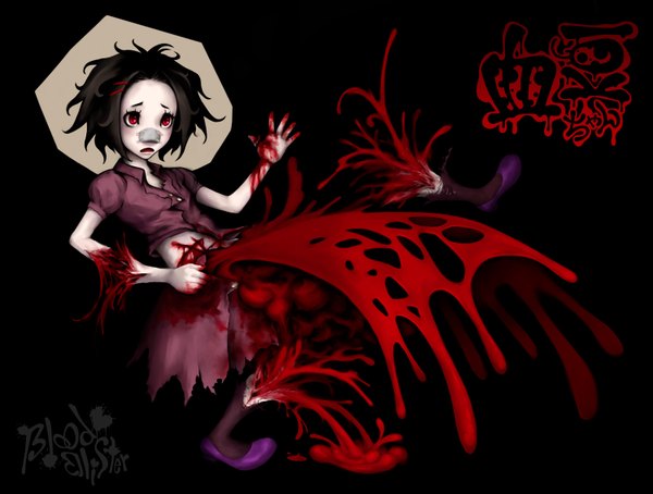 Anime picture 1500x1137 with genk single short hair black hair red eyes scar guro girl blood