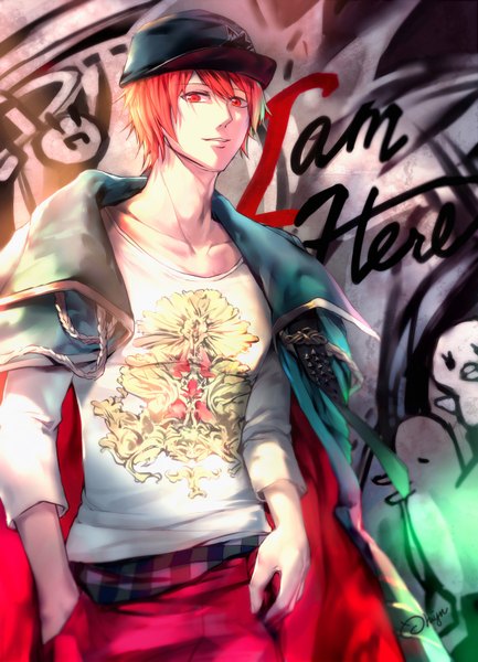 Anime picture 1200x1661 with uta no prince-sama a-1 pictures ittoki otoya gabuccc single tall image looking at viewer fringe short hair smile hair between eyes red eyes standing signed red hair sunlight hand in pocket clothes on shoulders against wall graffiti