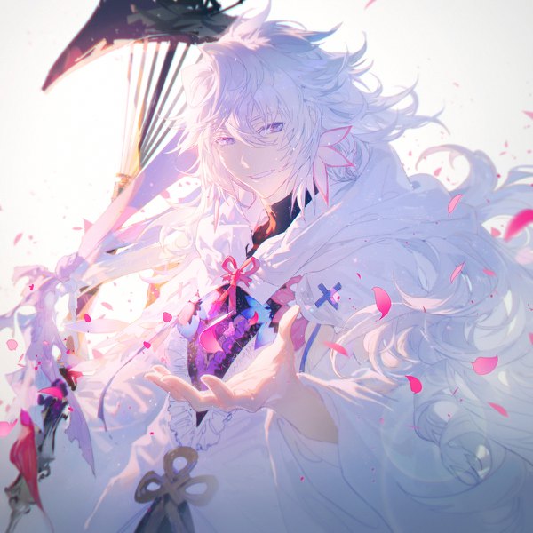 Anime picture 1200x1200 with fate (series) fate/grand order merlin (fate) rella single long hair looking at viewer fringe smile hair between eyes purple eyes silver hair upper body wavy hair outstretched hand boy petals turtleneck
