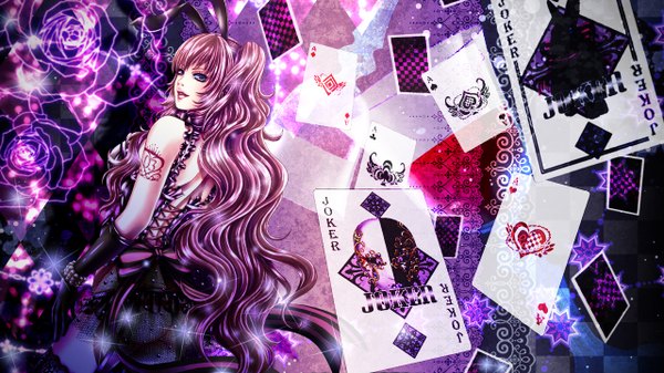 Anime picture 1280x720 with vocaloid megurine luka achikoako single blue eyes wide image bare shoulders pink hair very long hair looking back tattoo wavy hair girl dress gloves flower (flowers) card (cards)