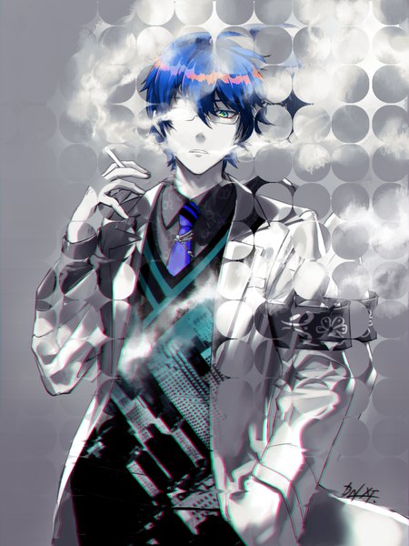 Anime picture 900x1200 with virtual youtuber nijisanji leos vincent hijiki daixt single tall image looking at viewer fringe short hair blue eyes hair between eyes signed blue hair grey background smoke hand in pocket boy glasses necktie cigarette