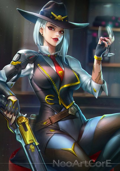 Anime picture 800x1132 with overwatch blizzard entertainment ashe (overwatch) nudtawut thongmai single tall image looking at viewer short hair breasts red eyes sitting holding signed white hair parted lips fingernails realistic tattoo lipstick red lipstick