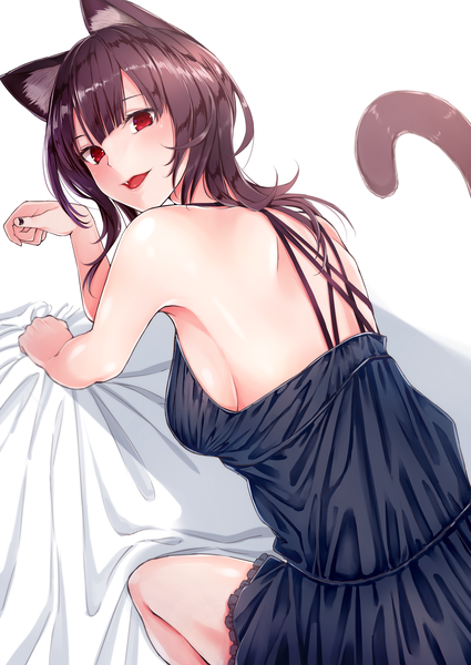 Anime picture 1800x2542 with original dabadhi single long hair tall image looking at viewer blush fringe highres breasts open mouth light erotic simple background smile red eyes brown hair white background animal ears tail nail polish