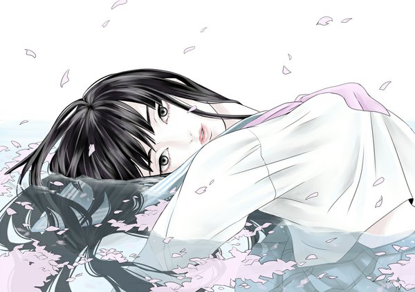 Anime picture 1000x706 with original hiakko single long hair looking at viewer fringe breasts black hair lying parted lips pleated skirt grey eyes partially submerged white skin girl skirt uniform petals water serafuku