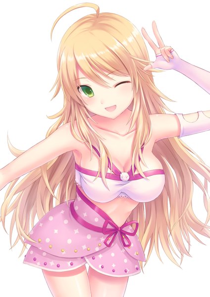 Anime picture 1447x2046 with idolmaster hoshii miki n.g. single long hair tall image looking at viewer blush open mouth blonde hair white background green eyes ahoge one eye closed wink floral (idolmaster) girl