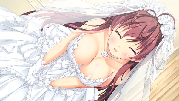 Anime picture 1280x720 with melty moment ayazaki sumire odawara hakone single long hair blush fringe breasts open mouth light erotic wide image large breasts bare shoulders game cg ahoge indoors eyes closed leaning leaning forward wedding