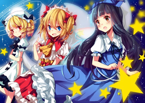 Anime picture 1000x707 with touhou star sapphire luna child sunny milk kazucha long hair looking at viewer blush fringe short hair open mouth blue eyes black hair blonde hair red eyes multiple girls brown eyes looking away two side up drill hair