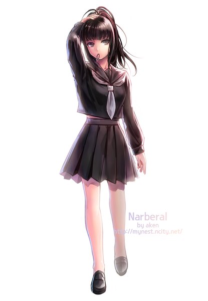Anime picture 830x1200 with overlord (maruyama) madhouse narberal gamma aken single long hair tall image looking at viewer fringe breasts simple background brown hair white background holding ahoge ponytail pleated skirt arm up grey eyes mouth hold