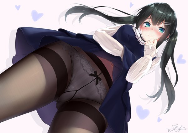 Anime-Bild 1483x1052 mit original mirea single long hair looking at viewer blush fringe breasts light erotic black hair simple background standing twintails signed long sleeves aqua eyes mole shadow from below dutch angle