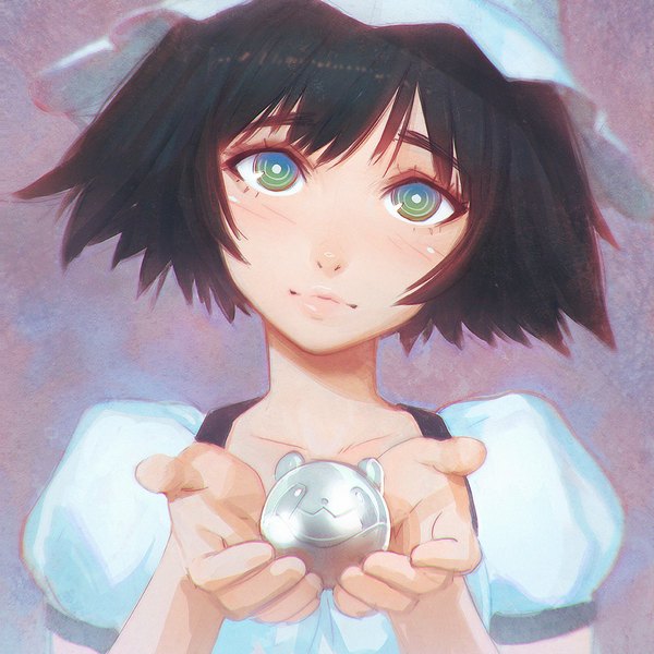 Anime picture 1080x1080 with steins;gate white fox shiina mayuri ilya kuvshinov single looking at viewer blush fringe short hair black hair simple background green eyes head tilt light smile portrait purple background girl hat toy