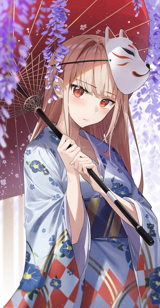 Anime picture 1930x3709 with original star741 single long hair tall image looking at viewer blush fringe highres blonde hair red eyes standing holding blunt bangs wide sleeves floral print mask on head girl flower (flowers) umbrella