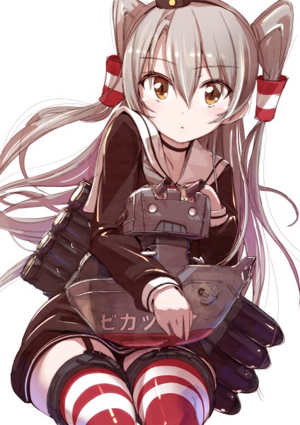 Anime picture 849x1200 with kantai collection amatsukaze destroyer rensouhou-kun pemu single long hair tall image looking at viewer blush fringe open mouth simple background hair between eyes white background sitting holding yellow eyes grey hair :o two side up