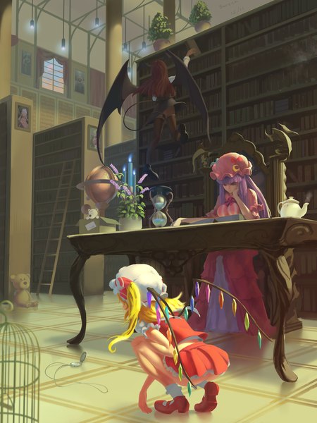 Anime picture 1500x2000 with touhou flandre scarlet remilia scarlet patchouli knowledge koakuma sarena long hair tall image light erotic blonde hair brown hair sitting purple eyes multiple girls signed payot purple hair ass red hair indoors