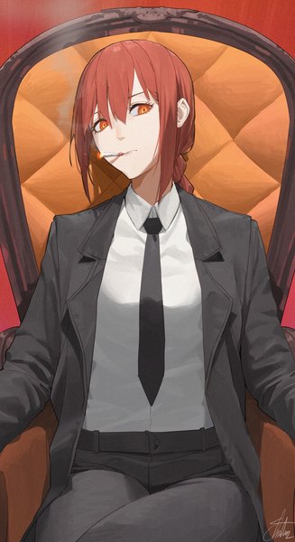 Anime picture 3000x5500 with chainsaw man mappa makima (chainsaw man) chanism! single long hair tall image looking at viewer fringe highres hair between eyes sitting red hair braid (braids) orange eyes single braid smoke smoking office lady girl