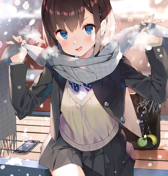 Anime picture 955x1000 with original gaou (umaiyo puyoman) single tall image looking at viewer blush fringe short hair open mouth blue eyes hair between eyes brown hair sitting holding outdoors pleated skirt open clothes snowing winter snow
