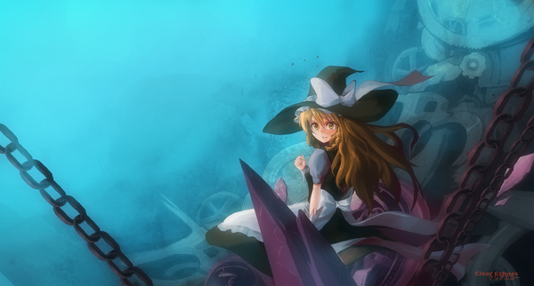 Anime picture 2765x1486 with touhou kirisame marisa clearechoes single long hair looking at viewer highres smile brown hair wide image sitting brown eyes signed witch girl dress bow chain witch hat