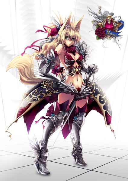 Anime picture 1060x1500 with original glycyrrhizae long hair tall image blonde hair simple background white background animal ears animal tail fox ears girl navel ribbon (ribbons) armor