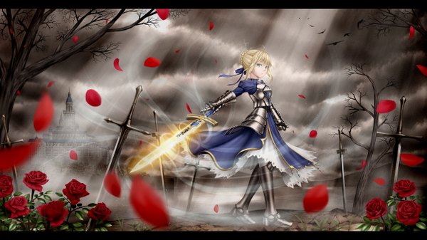 Anime picture 2489x1400 with fate (series) fate/stay night fate/zero studio deen type-moon artoria pendragon (all) saber noron (artist) single looking at viewer fringe highres breasts blonde hair wide image sky cloud (clouds) aqua eyes sunlight from below