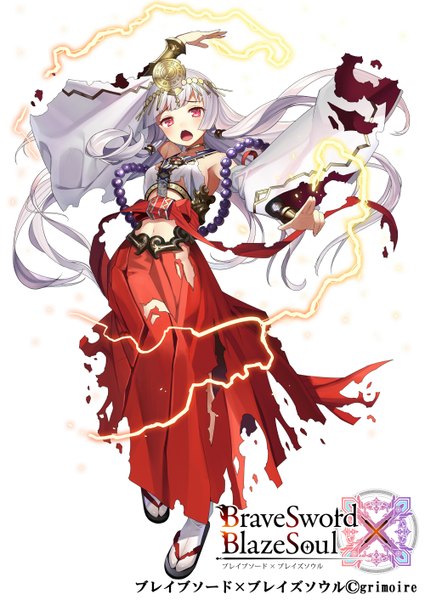 Anime picture 1000x1411 with brave sword x blaze soul gaou (umaiyo puyoman) single long hair tall image looking at viewer blush fringe open mouth simple background red eyes standing white background twintails bare shoulders bent knee (knees) white hair long sleeves traditional clothes japanese clothes