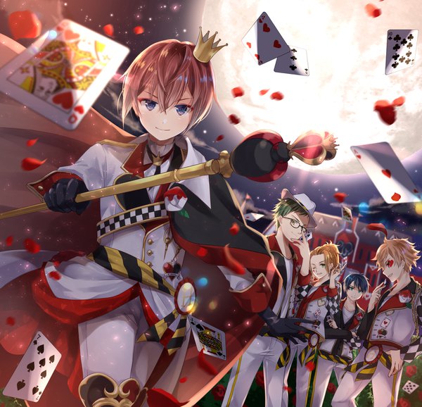 Anime picture 1557x1500 with twisted wonderland riddle rosehearts deuce spade ace trappola cater diamond trey clover iroha (shiki) looking at viewer fringe short hair blue eyes blonde hair hair between eyes brown hair holding blue hair profile green hair multiple boys hand on hip