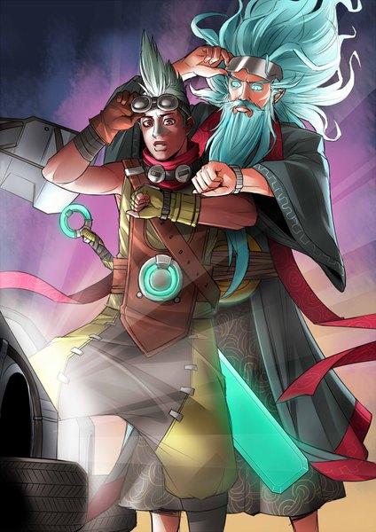 Anime picture 1500x2121 with back to the future league of legends zilean (league of legends) ekko (league of legends) exaxuxer long hair tall image short hair red eyes standing aqua eyes grey hair aqua hair dark skin light cosplay goggles on head boy weapon sword