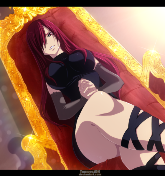 Anime picture 1000x1070 with fairy tail erza scarlet tempestdh single long hair tall image fringe smile red eyes red hair hair over one eye crossed legs coloring light girl detached sleeves throne