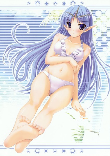 Anime picture 3197x4534 with seikai no senki lafiel yuki usagi (mofurafu) single long hair tall image looking at viewer blush highres blue eyes light erotic simple background bare shoulders absurdres purple hair barefoot bare belly bare legs embarrassed girl