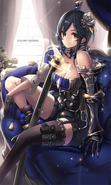 Anime picture 521x868 with original t-track (artist) single tall image looking at viewer fringe short hair breasts black hair sitting bare shoulders brown eyes payot cleavage bent knee (knees) indoors parted lips hair flower hair over one eye thighs