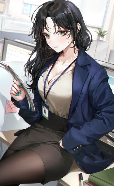 Anime picture 3048x4973 with original kellymonica02 single long hair tall image looking at viewer blush fringe highres breasts black hair holding green eyes absurdres cleavage indoors long sleeves nail polish fingernails open clothes